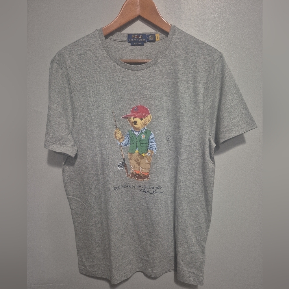 Polo Ralph Lauren Polo Bear Fishing Graphic T Shirt Gray Custom Slim Fit Men's L - Picture 2 of 5